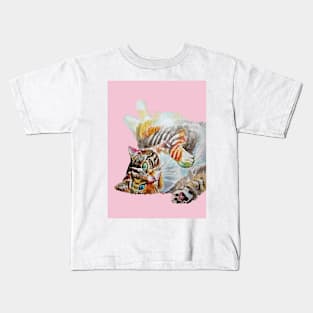 Tabby Cat Watercolor Painting on Baby Pink Kids T-Shirt